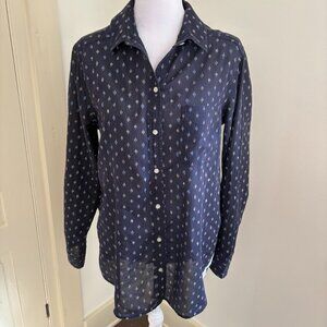 Eddie Bauer Navy Print Long Sleeved Button Front Shirt, Size Large